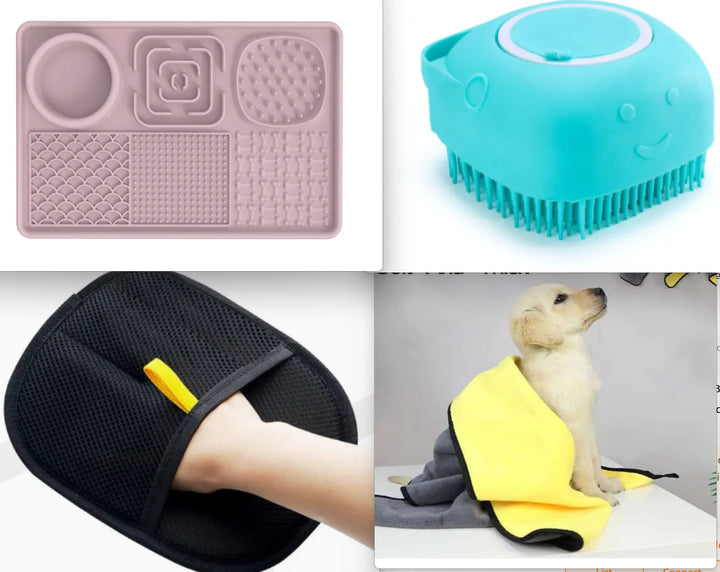 Pet supplies absorbent towel and grooming tools for pets, including a drying towel and pet grooming brush.